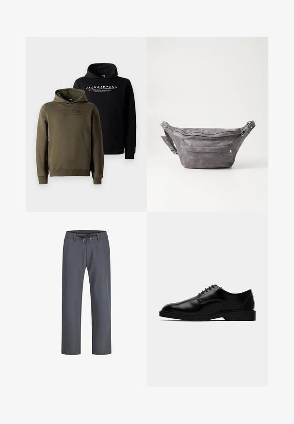 Czarnie i oliwkowe bluzy z kapturem z przednią kieszenią kangurką, z regulowanym kapturem i nadrukowanym logo na klatce piersiowej. Miękka, gładka tkanina.; Szare spodnie z elastycznym paskiem w talii i sznurkiem do regulacji. Prosty krój nogawki, wykonane z gładkiego materiału, charakteryzują się minimalnym przeszyciem i brakiem widocznego sprzętu.; Czarne skórzane buty dressowe o gładkim wykończeniu, zaokrąglonym nosku, wiązanym fasonie oraz dyskretną gumową podeszwą zapewniającą przyczepność.; Szara zamszowa saszetka biodrowa o zaokrąglonym kształcie, z dwoma zasuwanymi komorami i regulowanym paskiem. Wyróżnia się metalowymi akcentami.