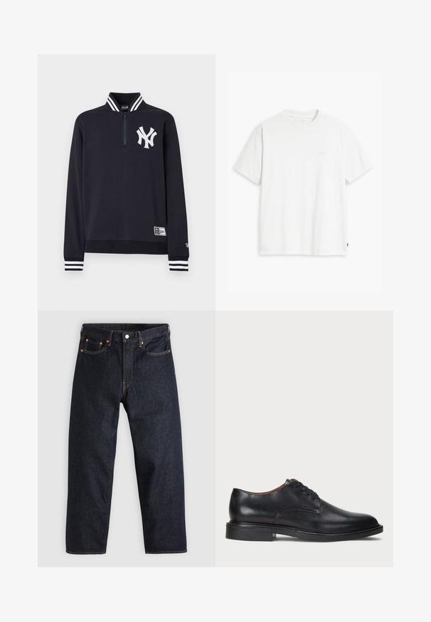 Navy quarter-zip sweatshirt with white logo on chest, striped collar and cuffs, soft fabric, regular fit, and a logo label at the hem.; White cotton t-shirt with short sleeves, round neckline, and a subtle "Levi's" logo printed in light color on the front.; Dark blue denim jeans with a straight cut, five pockets, contrasting orange stitching, and a button fly. No visible patterns or embellishments.; Black leather dress shoe with a round toe, lace-up design, and a low stacked heel. Smooth texture with minimal stitching details.