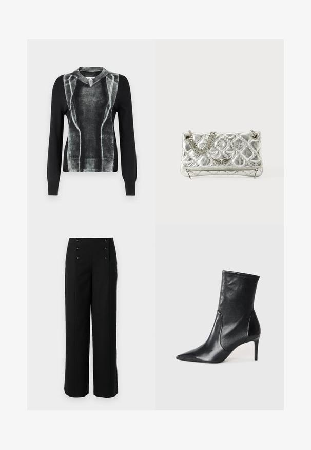 Melnas adītas džemperis ar pelēku grafisko dizainu, kas atgādina muskuļu struktūru, ar V-veida kakla izgriezumu un garām piedurknēm. Gluda tekstūra.; Melni plati bikses, izgatavotas no gludas auduma, ar augsto jostasvietu un pieciem priekšējiem pogām aizdarei. Elegants, pielāgots dizains.; Melnas potītes zābakus, kas izgatavoti no gludas ādas, ar norādītu purngaliņu, pieguļošu kāju un šauru augstu papēdi. Minimalistisks dizains bez redzamiem aksesuāriem.; Sudraba metāla rokas soma ar ķēdes rokturi, piedāvā baudāmu struktūru, dekoratīvo šuvju un rāvējslēdzēju aizdari. Priekšpusē ir reljefa akcenti.