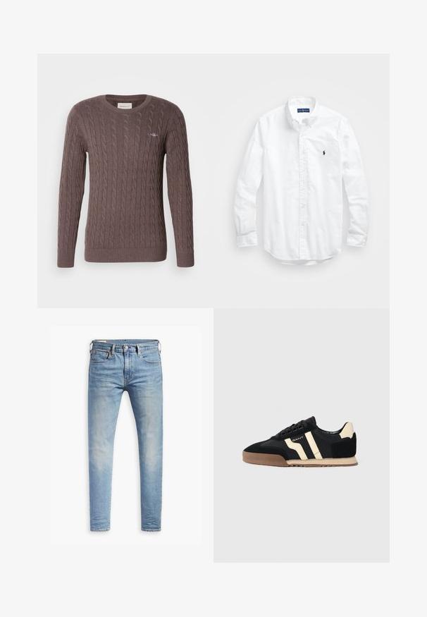 Brauner Kabelstrickpullover mit rundem Halsausschnitt, langen Ärmeln sowie gerippten Bündchen und Saum. Mit einem kleinen gestickten Logo auf der Brust.; Weißes Langarm-Hemd aus Baumwolle mit Knopfleiste. Es zeichnet sich durch einen klassischen Kragen, Knopfmanschetten und ein kleines, navyblaues gesticktes Logo auf der Brust aus.; Hellblaue Slim-Fit-Jeans mit leichtem Verblassen an den Oberschenkeln, vorderem Knopfverschluss, Gürtelschlaufen und Fünf-Taschen-Stil auf einem weißen Hintergrund.; Schwarze Wildleder-Sneaker mit beigen Akzenten, ausgestattet mit einer Gummisohle, flachen Schnürsenkeln und einem stylischen gestreiften Design an den Seiten.