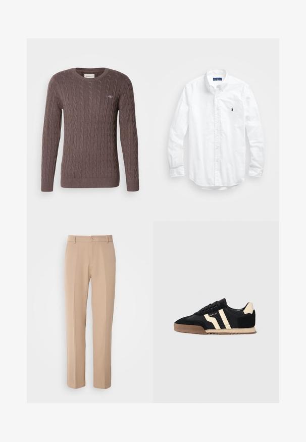 Brown cable-knit sweater with a round neck, long sleeves, and ribbed cuffs and hem. Features a small embroidered logo on the chest.; White long-sleeve button-up shirt in cotton. Features a classic collar, button cuffs, and a small navy embroidered logo on the chest.; Beige trousers made from smooth fabric, featuring a straight-leg design, a front button closure, and subtle crease details along the front.; Black suede sneaker with beige accents, featuring a rubber sole, flat laces, and a stylish striped design on the sides.