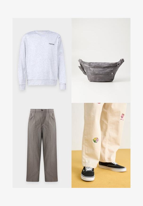 Sivá mikina vyrobená z bavlnenej zmesi, s okrúhlym výstrihom, s malým čiernym textom "Club1990" na ľavej strane hrude.; Sivé nohavice v houndstooth vzore s rovnými nohavicami, obsahujúce puky, pás s gombíkovým zapínaním a bočné vrecká.; Béžové bavlnené nohavice s hravými vyšívanými vzormi vrátane ružovej postavy a farebného bloku, skombinované s čiernymi šnurovacími teniskami.; Sivá semišová ľadvinka s okrúhlym tvarom, dvoma zipsovými priehradkami a nastaviteľným popruhom. Obsahuje kovové prvky.