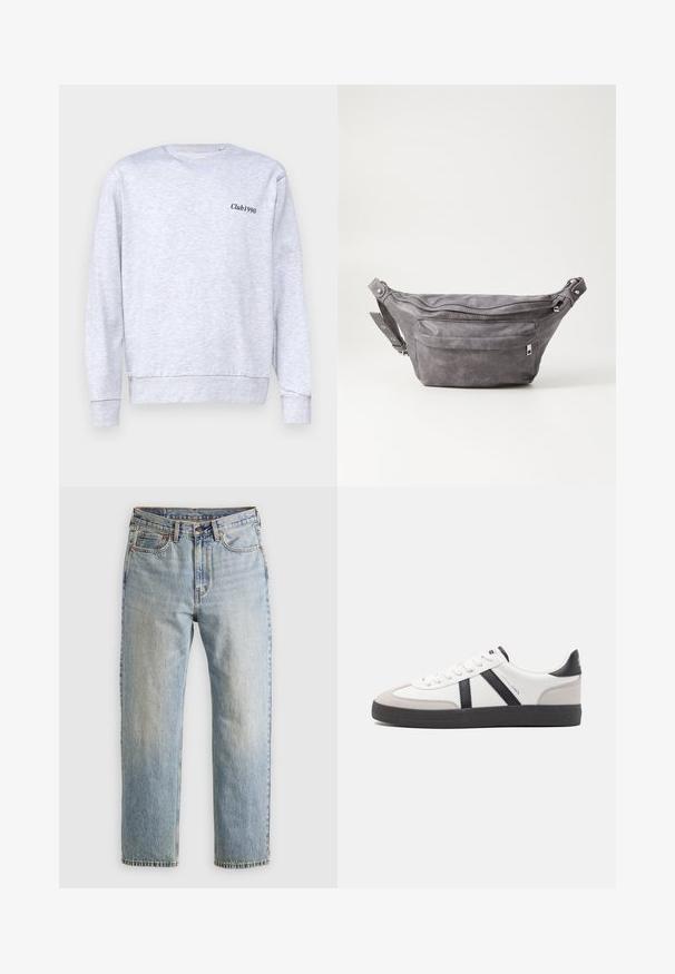 Hallitus siidisegusega halli sweatshirtiga, ümar kaelus, millel on vasakul rinna piirkonnas väike must "Club1990" tekst.; Heledad hele sinine teksapükste kõrge vöökoht, ees nupuga, lukuga ja viie taskuga disain, asetatud tasasele neutraalsele taustale.; Valged tossud mustade ja hallide aktsentidega, tekstureeritud halli varbakattega, musta kummitald ja lamedad valged paelad. Puhtad jooned, minimalistlik stiil.; Hallikate nahast vöö kott, millel on ümar kuju, kaks tõmblukuga taskut ning reguleeritav rihm. Varustatud metallist detailide aktsentidega.