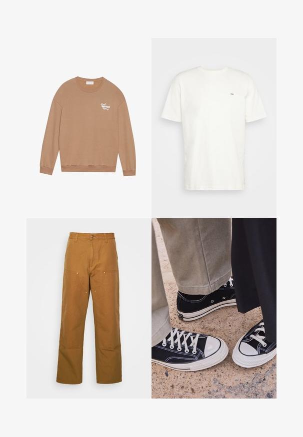 Barna pamut pulóver hosszú ujjakkal, kerek nyakkivágással, és fehér "Friss Kávé" felirattal a mellkasán. Bordás mandzsettákkal és aljjal rendelkezik.; Fehér pamut póló kerek nyakkivágással, rövid ujjakkal és egy kis fekete "W.W." logóval a bal mellen. Simaságot biztosító textúra, normál szabás.; Barna pamut munkanadrág egyenes lábbal, elülső zsebekkel és fém kiegészítőkkel a fokozott tartósság érdekében.; Fekete vászon sportcipők fehér gumi orral és fűzőkkel. A kontrasztos varrás és fém fűzőlyukak részletet adnak. Bézs nadrággal és fekete anyaggal hordva.