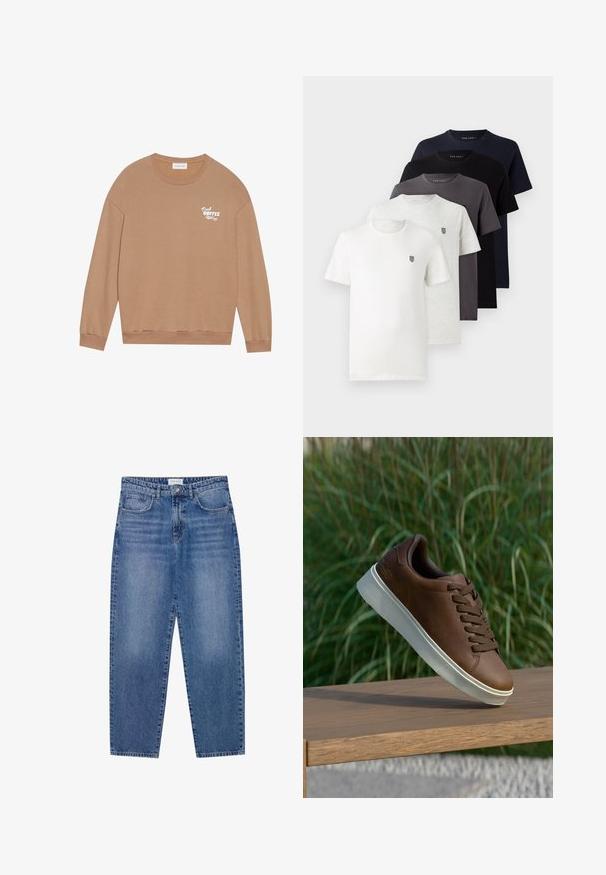 Brauner Baumwollpullover mit langen Ärmeln, Rundhalsausschnitt und der Aufschrift "Fresh Coffee" in Weiß auf der Brust. Verfügt über gerippte Bündchen und Saum.; Fünf kurzärmlige Baumwoll-T-Shirts in Weiß, Hellgrau, Dunkelgrau, Marineblau und Schwarz, jeweils mit einem kleinen Logo auf der Brust.; Blaue Denim-Jeans mit hoher Taille, geradem Bein und ausgebleichtem Finish. Verfügt über fünf Taschen und einen Knopfverschluss.; Braune Ledersneaker mit weißer Gummisohle, runder Zehenform und braunen Schnürsenkeln. Strukturierte Grip-Oberfläche auf der Sohle und glatte Verarbeitung im oberen Bereich.