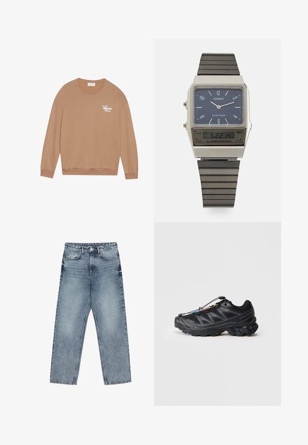 Felpa di cotone marrone con maniche lunghe, scollo rotondo e la scritta "Fresh Coffee" stampata in bianco sul petto. Presenta polsini e orlo a costine.; Jeans in denim azzurro chiaro con taglio a gamba dritta, cuciture visibili, design a cinque tasche e chiusura a bottoni in vita.; Scarpa sportiva nera con tomaia in mesh testurizzato, punta rinforzata e sistema di allacciatura rapida. Presenta una suola robusta e una leggera elevazione del tacco.; Orologio digitale Casio con quadrante blu, cassa argentata e cinturino in gomma nera a strati. Mostra l'ora e le impostazioni dell'allarme. Resistente all'acqua.