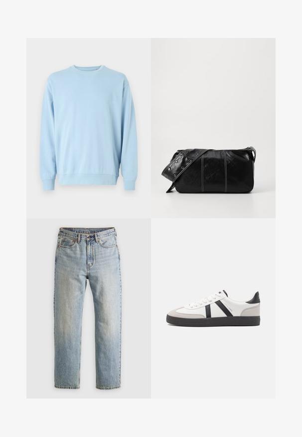 Ljusblå sweatshirt med långa ärmar, rundad halsringning, mjukt tyg, ribbade ärmslut och nederkant, med en enkel, odekorerad design.; Ljusblå denimjeans med hög midja, framknäppning, dragkedja och femficksdesign, placerade platt på en neutral bakgrund.; Vit sneaker med svarta och grå accenter, med en strukturerad grå tådel, svart gummisul, och platta vita skosnören. Ren design, minimalistisk stil.; Svart läder axelväska med dragkedjestängning, som har en texturerad yta, vit sömnad och ett bälte med silveröglor.