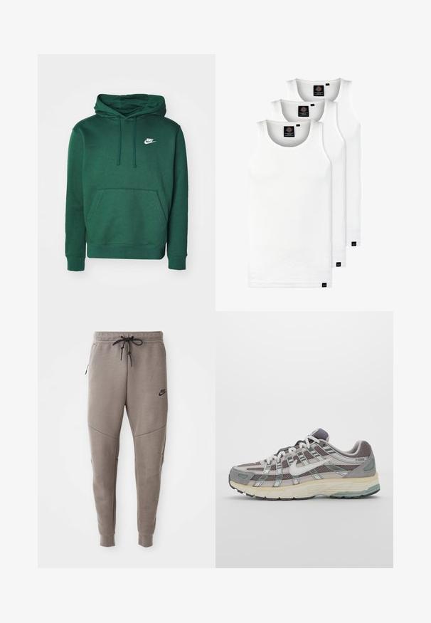 Grønn hettegenser laget av bomullsmiks, med en kengurulomme og en liten hvit Nike-logo på brystet. Myk tekstur.; Tre hvite ribbestrikkede tank topper laget av bomull. Har en rund hals og små svarte etiketter nær kanten. Tilgjengelig i flere størrelser.; Grå Nike joggebukser med snor i midjen, smale ben, sidelommer og distinkte sømdetaljer. Myk, teksturert stoff.; Grå treningssko med overdel i nett og semsket skinn, hvite detaljer, en polstret såle, og et særpreget design med reflekterende elementer.