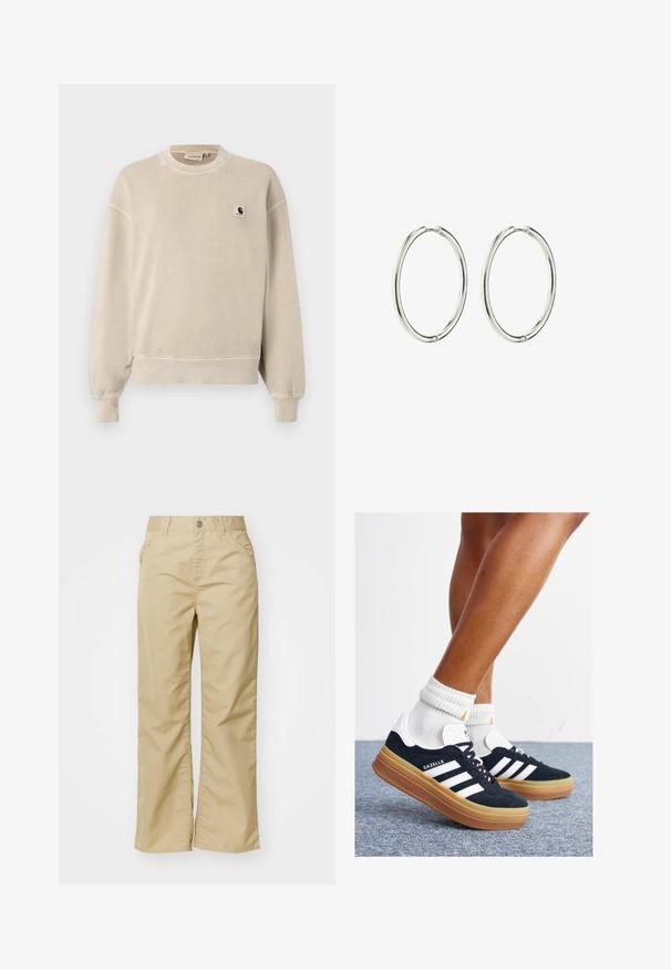 Vaahto beige sweatshirt, jossa on pyöreä kaula-aukko, pitkät hihat, joustavat hihansuut ja helma. Vasemmassa rinnassa on pieni logo-päällyste. Pehmeä, teksturoitu kangas.; Valkoinen puuvillainen leveälahkeinen housut, joissa on sileä pinta, edessä taskut ja hopeinen nappi vyötäröllä.; Musta mokkanahkainen tennari, jossa valkoiset raidat ja yksityiskohdat, pyöreä kärki, purukumipohja, yhdistetty valkoisiin ribbineuleisiin nilkkasukkiin.; Hopeissa on sileä, kiillotettu pinta. Pyöreä muoto, kevyt rakenne ja turvallinen sulkuratkaisu.