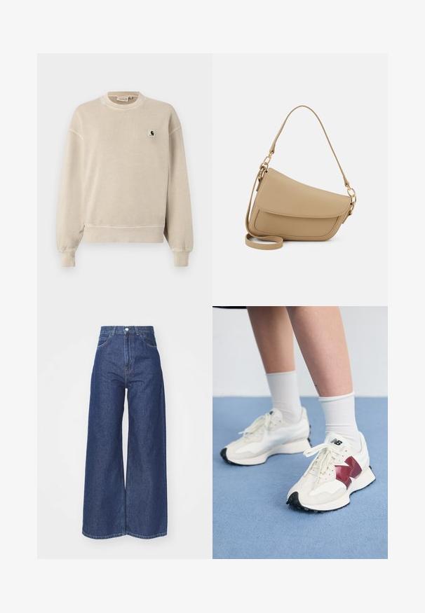 Hanorac bej cu guler rotund, mâneci lungi, manșete și tiv cu textură. Prezintă o mică etichetă cu logo pe partea stângă a pieptului. Material moale, texturat.; Jeanși cu picioare largi, din denim de culoare albastră închisă. Design cu talie înaltă, cu fermoar și închidere cu nasture. Prezintă un stil clasic cu cinci buzunare și margini tivite.; O pereche de adidași albi cu accente vișinii, panouri texturate, talpă neagră plată și șireturi ușoare, purtați cu șosete albe până la gleznă.; Even&Odd Geantă de mână - beige