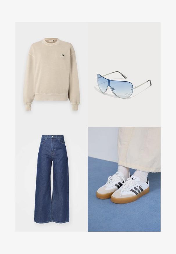 Bež kreppede särk, millel on ümmargune kaelus, pikad varrukad, soonikkoes mansetid ja alläär. Vasakul rinnal on väike logotäpp. Pehme, tekstuuriga kangas.; Laiad püksteotsad tumedast sinisest denimist. Kõrge vöökoht, lukuga ja nööpidega kinnitamine. Omab klassikalist viit taskut ja ääriseid.; Valged tossud mustade triipudega ja beeži nahaga aktsentidega. Omavad tekstuuriga kummist talla ja lamedaid valgeid paelu, kantud heledate sokkidega.; Aviatori prillid, millel on gradient sinine objektiiv, hõbedane metallraam ja dekoratiivsed staaraktsendid objektiivil. Sujuv ja stiilne disain.