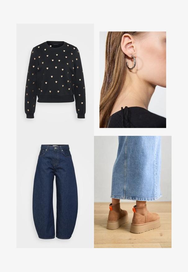 Sweatshirt preto com um design cropped e gola redonda, apresentando padrões de corações dourados espalhados uniformemente pela frente e mangas.; Calças de ganga azul escuro com um corte largo e descontraído. Apresentam fecho de correr, quatro bolsos e costura contrastante ao longo das costuras.; Botas plataforma em camurça castanha com painéis laterais elásticos e puxadores laranja, combinadas com uma saia de ganga clara até ao joelho, em um chão de madeira.; Brinco de argola prateada com acabamento polido, apresentando pequenos detalhes em dourado e uma forma redonda, usado na orelha.
