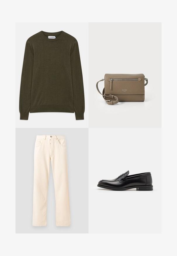 Tamsiai žalias, ilgomis rankovėmis megztinis su šonkaulinėmis apykaklėmis ir apatine dalimi. Pagamintas iš minkštos medžiagos, su klasikine apvalia apykakle ir minimalistišku dizainu.; Šviesiai smėliniai džinsai su tiesiu sijonu, penkiomis kišenėmis ir priekiu užsegamu mygtuku. Siuvimo linijos matomos palei siūles.; Juodos odinės loafers, turinčios lygų paviršių, apvalią noselę ir dekoratyvinę juostą per priekinę dalį. Žemas krentantis kulnas, minimalistinis dizainas.; Kakavinės odos per petį maišas su užtrauktuku priekinėje kišenėje, reguliuojama dirželiu, akmens tekstūra ir iškilniu logotipu priekyje.