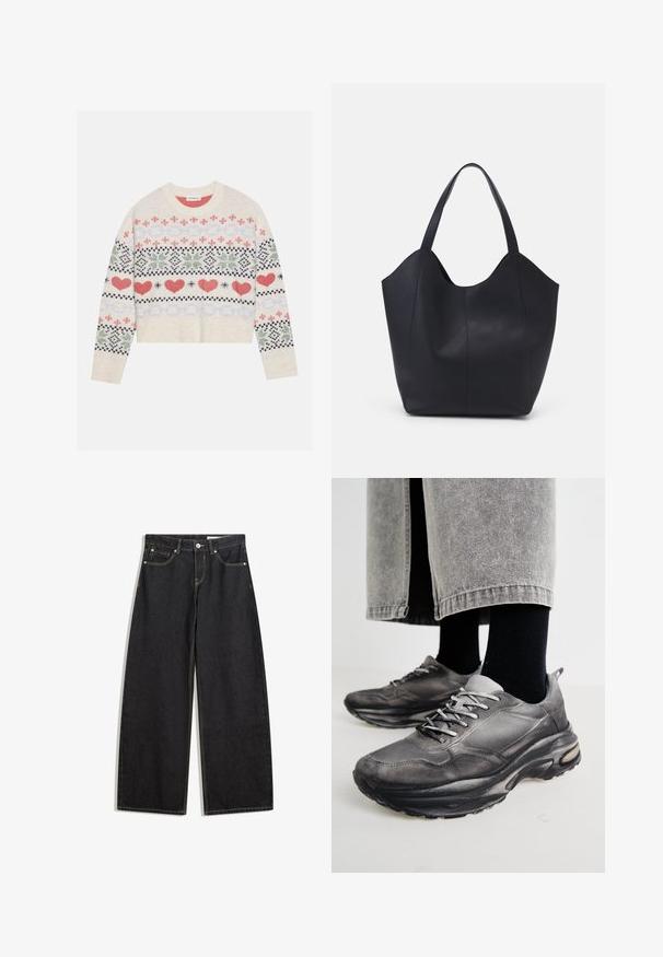 Cremfarbener Strickpullover mit verkürztem Design, der ein mehrfarbiges Muster aus Herzen, Blumen und geometrischen Formen in Rot, Grün und Marineblau aufweist.; Schwarze weit geschnittene Jeans aus Denim mit hoher Taille, fünf Taschen, Kontrastnähten und einem Knopfverschluss. Glatte Textur mit klassischem Schnitt.; Schwarze und graue Sportschuhe verfügen über ein Obermaterial aus Mesh, dicke Sohlen und Schnürsenkel. Sie haben eine abgerundete Zehenpartie und sichtbare Dämpfungsdetails.; Schwarze Tote-Bag aus glattem Leder, mit einem abgerundeten, offenen Oberteil, zwei Schulterträgern und einem minimalistischen Design.