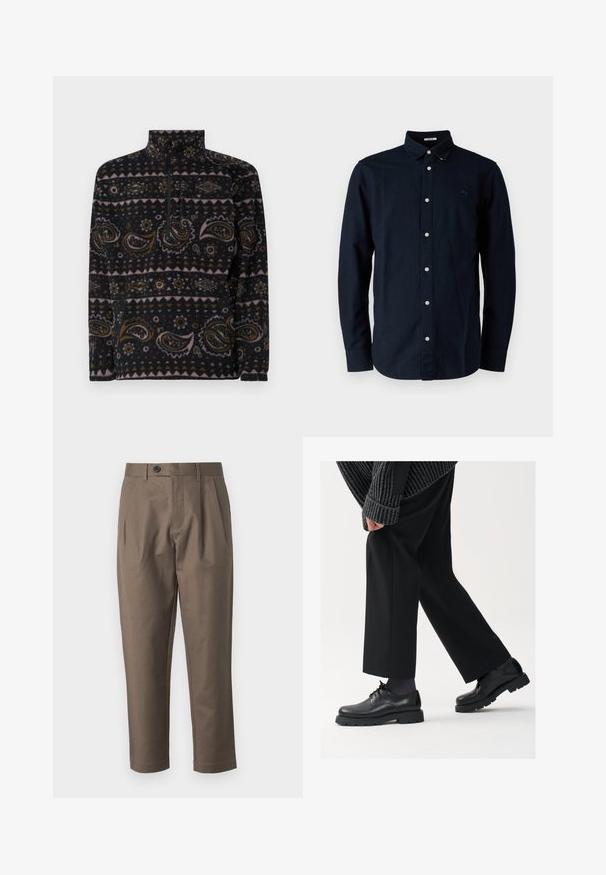 Pullover in pile nero con motivi paisley e geometrici in marrone, rosa e crema. Presenta una chiusura a zip parziale e un collo alto.; Camicia button-up blu navy in cotone, con colletto classico, maniche lunghe e un piccolo logo ricamato sul petto.; Pantaloni marroni su misura con frontale piatto, due tasche laterali e chiusura con bottone. Tessuto liscio e leggero con design a gamba dritta.; Scarpe in pelle nera con punta arrotondata, design con lacci e suola spessa e texture. Indossate con pantaloni neri su misura e un maglione a coste.