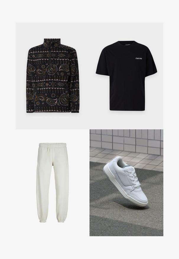 Zwarte fleece pullover met paisley- en geometrische patronen in bruin, roze en crème. Met een kwart-rits aan de voorkant en een hoge kraag.; Zwarte katoenen t-shirt met een ronde hals en korte mouwen. Bevat witte tekst "Club1990" op de linkerborst. Eenvoudig, ongecompliceerd ontwerp.; Witte sweatpants gemaakt van zachte stof, met een elastische tailleband en boorden, een gladde textuur en een losvallend ontwerp.; Witte lederen sneaker met geperforeerde zijkanten, gestructureerde accenten, platte veters en een contrasterende grijze hiel. Voorzien van een iets verhoogde zool.