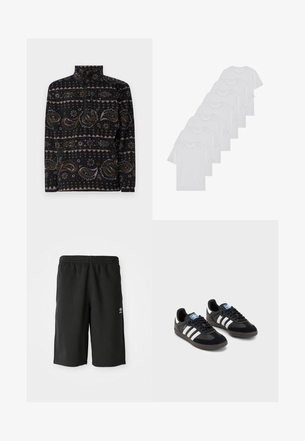 Čierny fleecový pulóver s paisley a geometrickými vzormi v hnedých, ružových a krémových odtieňoch. Obsahuje štvrťzips na prednej strane a vysoký golier.; Biele bavlnené trička, krátke rukávy, dizajn s okrúhlym výstrihom, hladká textúra, naskladané v rade, so subtilným brandingom na výstrihu.; Čierne bavlnené šortky s elastickým pásom, bočnými švami a malým bielym logom na ľavom stehne. Hladká textura, dĺžka po kolená.; Čierne tenisky so zvrškom z semišu a syntetického materiálu, s tromi bielymi pruhmi, štruktúrovanou gumovou podrážkou a modrou logovou etiketou na jazyku.