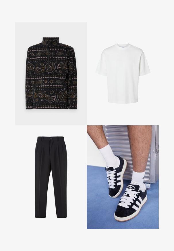 Pullover in pile nero con motivi paisley e geometrici in marrone, rosa e crema. Presenta una chiusura a zip parziale e un collo alto.; T-shirt bianco in cotone con maniche corte, scollo rotondo e vestibilità rilassata. Texture liscia senza pattern o dettagli visibili.; Pantaloni neri con design a pieghe sul davanti, realizzati in tessuto morbido. Presentano una chiusura con bottone e passanti per cintura; vestibilità a gamba dritta.; Sneakers in suede nero con lacci bianchi e tre strisce bianche. Presentano un logo circolare nero sulla linguetta e una suola in gomma color gomma.