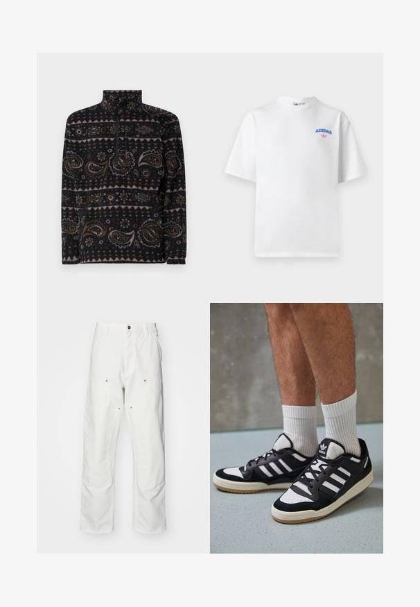 Fekete polár pulóver paisley és geometrikus mintákkal barna, rózsaszín és krém színben. Negyedcipzáros eleje és magas gallérja van.; Fehér pamut póló rövid ujjakkal, kerek nyakkivágással, kék "ADIDAS" felirattal és rózsaszín logóval a mellrészen. Egyszerű, sima textúrájú.; Fehér pamut cargo nadrág, laza szabású. Jellemzői közé tartozik az elülső zsebek, az arany színű fémalkatrészek és a megerősített térd részek.; Fekete-fehér tornacipők velúr és bőr felsőrésszel, három fehér csíkkal, perforált orral és gumi talppal.