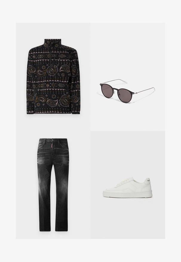 Black fleece pullover with paisley and geometric patterns in brown, pink, and cream. Features a quarter-zip front and high collar.; Black denim jeans with a straight fit. Features faded areas, minor distressing, classic five-pocket design, and a button closure.; White leather sneaker with a smooth finish, round toe, flat laces, and a textured sole. Features a subtle logo on the heel.; Black round sunglasses with dark lenses and slim metal arms. Includes clear temple tips and silver accents at the hinge. Minimalist design.