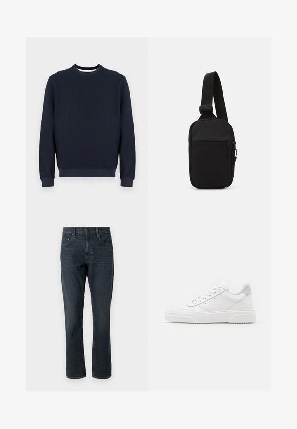 Puler de culoare bleumarin, cu guler rotund, confecționat dintr-un material tricotat, cu mâneci lungi și manșete și tiv din bumbac elastic. Design minimalist, fără modele sau grafice.; Jeans din denim de un albastru închis, cu un croi drept, design cu cinci buzunare și închidere cu nasture. Prezintă decolorări subtile și cusături în contrast.; Adidași din piele albă cu un finisaj neted, vârf rotunjit, șireturi plate și o talpă texturată. Accente din piele întoarsă gri la călcâi.; Geantă crossbody neagră, confecționată dintr-un material rezistent, dotată cu o curea ajustabilă, un compartiment principal cu fermoar și o buzunar frontal.