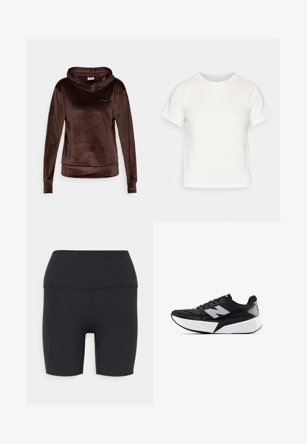 Hoodie en velours brun avec des manches longues, un col cheminée et des poignets cousus. Présente un logo discret sur le devant. Texture douce et coupe décontractée.; T-shirt léger blanc à manches courtes, col rond et avec un petit logo dans le coin supérieur gauche. Tissu lisse avec un léger éclat.; Shorts de sport noirs en matériau extensible, avec une taille haute, une texture lisse et sans motifs ni accessoires visibles.; Chaussure de course New Balance noir et blanc avec semelle épaisse, tige en mesh et logo "N" sur le côté, vue de l'extérieur.
