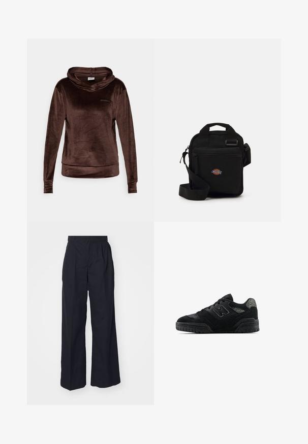 Bruine fluwelen hoodie met lange mouwen, kraag en gestikte manchetten. Bevat een subtiel logo aan de voorkant. Zachte textuur en relaxte pasvorm.; Wijde, hooggeritste broeken van donkere stof. Kenmerkend zijn de plooien aan de voorkant en de soepele tailleband met riemlussen. Klassiek ontwerp.; Zwarte low-top sneaker met een gestructureerde zool, vetersluiting, suède panelen en een patroonaccent op de hiel en het zijlogo.; Zwarte schoudertas met een ritszak, rechthoekige vorm, gemaakt van stof, voorzien van een logo-opdruk op de voorkant, verstelbare schouderband.