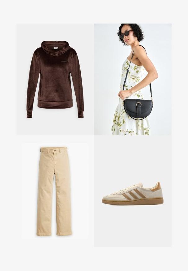 Hoodie en velours brun avec des manches longues, un col cheminée et des poignets cousus. Présente un logo discret sur le devant. Texture douce et coupe décontractée.; Pantalons beiges à jambes droites en tissu mélangé coton, avec une fermeture à bouton et des poches standard à l'avant et à l'arrière.; Baskets en suède beige avec des accents marron clair. Présente trois rayures marron, une semelle en caoutchouc texturée et un design à bout rond.; Sac à main en cuir noir avec une forme courbée, bandoulière amovible et des accessoires en or. Le sac est doté d'un rabat avec un détail de boucle.
