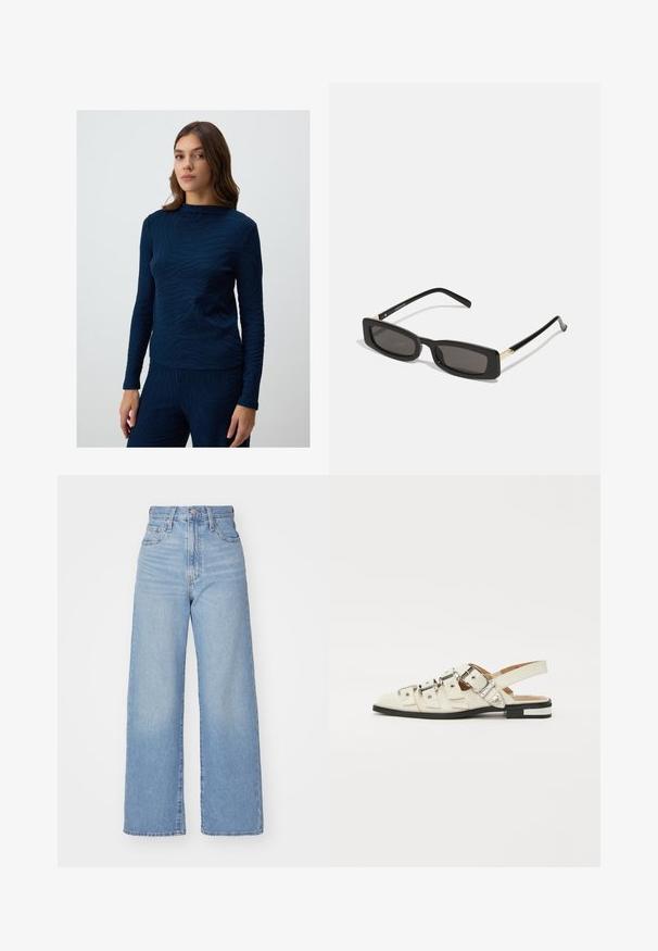 Marineblaue Longsleeve-Bluse mit einem strukturierten Wellenmuster. Der Stoff wirkt weich und leicht tailliert, mit einem Rundhalsausschnitt.; Hellblaue High-Waist-Weite-Leg-Jeans mit Knopf- und Reißverschluss vorne, Vorder- und Rückentaschen, auf weißem Hintergrund.; Slingback-Sandalen aus weißem Leder mit mehreren breiten Riemen und silbernen Schnallen; flache Sohle mit kleinem schwarzem Absatz und metallischen Akzenten.; Schwarze rechteckige Sonnenbrillen mit dunklen Gläsern, glänzenden Kunststoffrahmen und goldenen Akzenten an den Bügeln. Minimalistisches Design und schlanke Form.