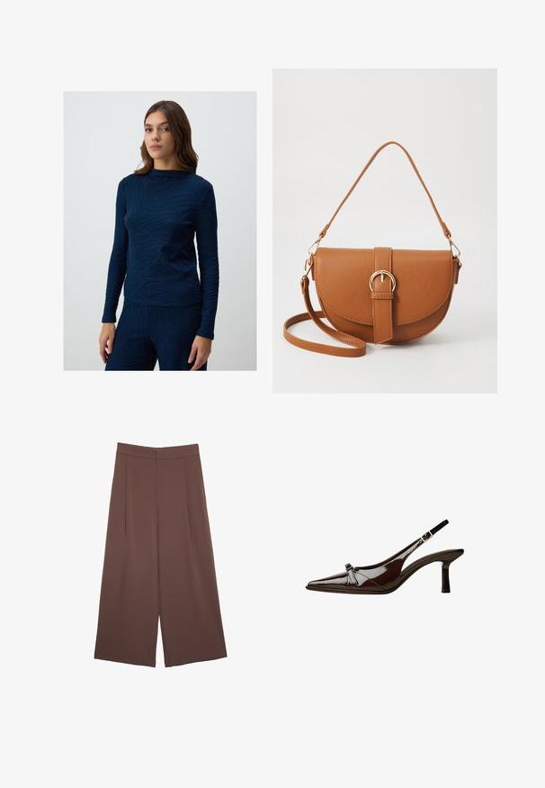 Marineblaue Longsleeve-Bluse mit einem strukturierten Wellenmuster. Der Stoff wirkt weich und leicht tailliert, mit einem Rundhalsausschnitt.; Braune Weite-Leg-Hosen mit einer glatten Textur, hoher Taille und Vorderfalten. Der Stoff ist leicht und fällt locker.; Braune Lackleder-Slingback-Schuhe mit spitzem Zehenbereich, niedrigem Absatz und einer dekorativen Schleifenakzent an der Vorderseite. Glatte, glänzende Textur.; Braune Leder-Crossbody-Tasche mit geschwungener Form, goldfarbenen Beschlägen und einer Schnallenakzentuierung. Verfügt über einen abnehmbaren Schultergurt.