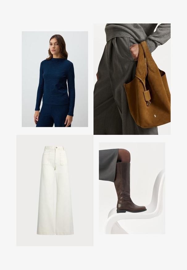 Top a maniche lunghe blu navy con un design a motivo onda testurizzato. Il tessuto sembra morbido e leggermente aderente, con scollo a giro.; Jeans a gamba larga in denim bianco sporco. Design a vita alta con chiusura a bottone, due tasche frontali e dettagli di cucitura a contrasto.; Stivale in pelle marrone alto fino al ginocchio con punta arrotondata, superficie liscia e dettagli di cucitura minimi, posato su uno sfondo chiaro su una sedia bianca.; Borsa a tracolla in suede marrone con forma arrotondata, doppi manici e un accento in metallo. Presenta un piccolo logo sul davanti.