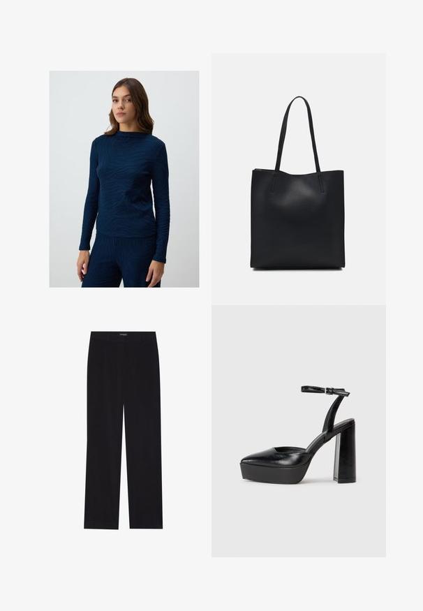 Top a maniche lunghe blu navy con un design a motivo onda testurizzato. Il tessuto sembra morbido e leggermente aderente, con scollo a giro.; Pantaloni in corduroy neri con taglio dritto, dotati di vita piatta e senza tasche visibili, texture liscia e dettaglio a righe verticali.; Tacchi a piattaforma neri con punta appuntita e cinturino regolabile alla caviglia. Realizzati in pelle liscia, presentano un tacco a blocco spesso.; Borsa tote in pelle nera con texture liscia, forma rettangolare e due manici lunghi. Nessun hardware o decorazione visibile.