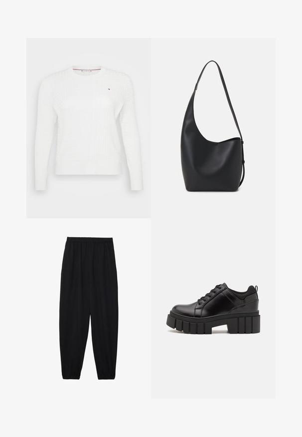 Bílý pletený svetr s texturovaným diamantovým vzorem, kulatým výstřihem a dlouhými rukávy. Malý logo akcent na hrudi.; Černé, lehké kalhoty s elastickým pasem a nařasenými kotníky. Tkanina je hladká a má uvolněný, zúžený design.; Černé kožené platformové boty s masivním blokovým podpatkem, kulatou špičkou a tradičním šněrováním. Mají hladký povrch a minimální detaily.; Černá kožená hobo taška s hladkým povrchem, zakřiveným tvarem a jedním nastavitelným popruhem; má široké otevírání nahoře.