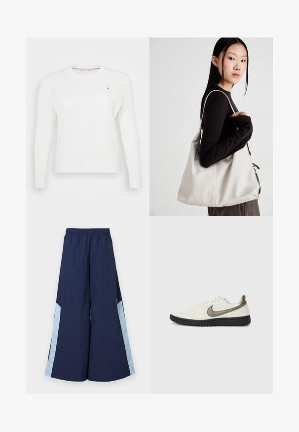 Biały sweter z dzianiny o fakturowanym wzorze diamentów, okrągły dekolt i długie rękawy. Mały logo na wysokości klatki piersiowej.; Granatowe spodnie typu wide-leg z elastycznym paskiem w talii, z jasnoniebieskimi panelami bocznymi i gładką fakturą. Zaprojektowane z myślą o komforcie i swobodzie ruchów.; Nike Sportswear - Sneakersy niskie; Beżowa torebka wykonana z miękkiego materiału, charakteryzująca się luźnym fasonem, wyszywanymi detalami i dwoma uchwytami na ramię. Idealna na co dzień.