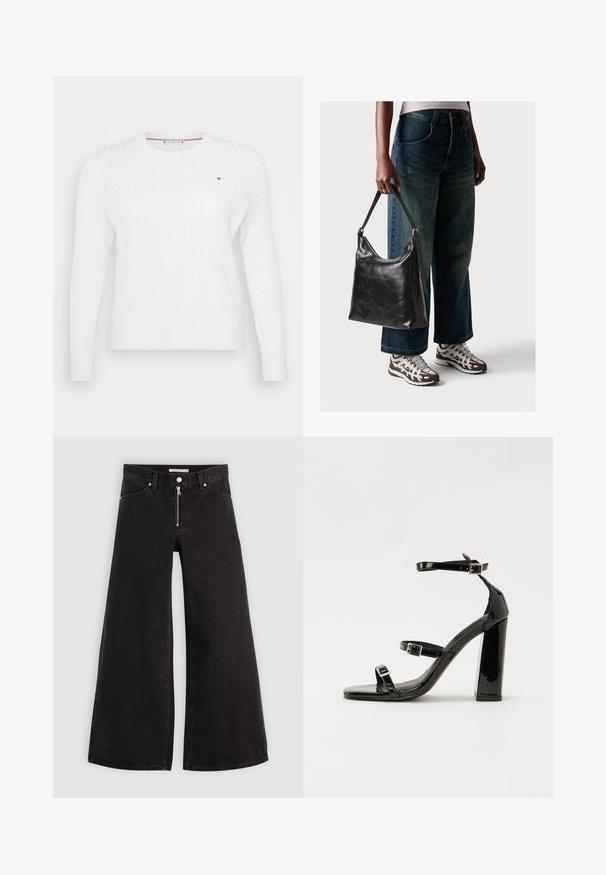 Biały sweter z dzianiny o fakturowanym wzorze diamentów, okrągły dekolt i długie rękawy. Mały logo na wysokości klatki piersiowej.; Jeans o szerokich nogawkach w czarnym denienie z zamkiem błyskawicznym z przodu, pięcioma kieszeniami i subtelnymi detalami przeszycia. Gładka tekstura i swobodny styl.; Czarne lakierowane sandały na obcasie z kwadratowym noskiem, z paskami wokół kostki i srebrnymi klamrami. Posiadają masywny słupek dla stabilności.; Czarna skórzana torba na ramię o gładkiej fakturze i regulowanym pasku, w zestawieniu z wyblakłymi dżinsami typu wide-leg i sportowymi butami.