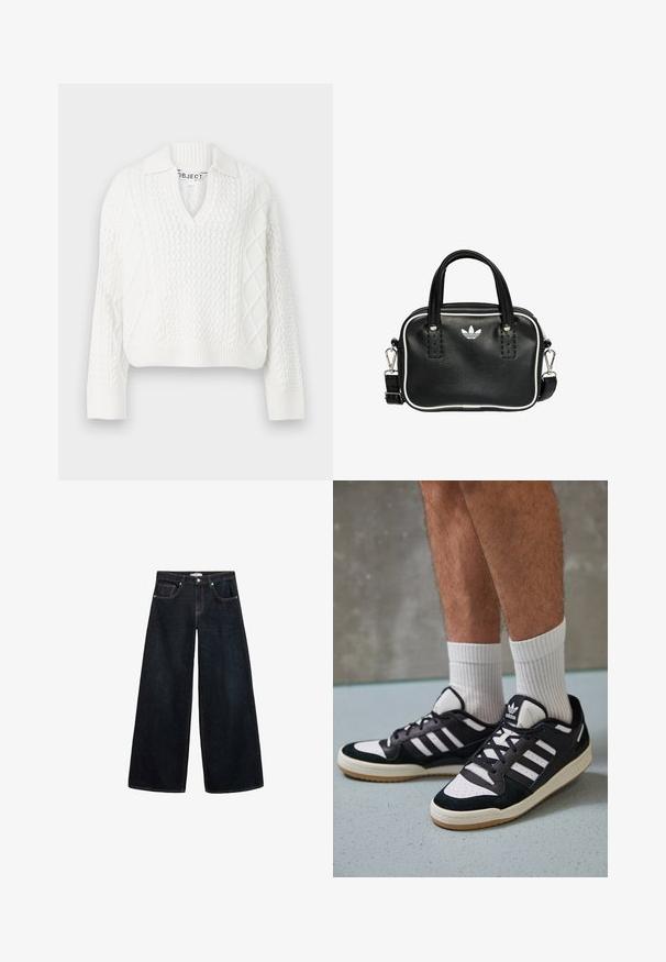 Maglione bianco lavorato a maglia con scollo a V e colletto. Caratterizzato da motivi testurizzati, orlo a coste e maniche lunghe. Realizzato in materiale morbido.; Jeans in denim scuro a gamba larga con vita alta, caratterizzati da cuciture a contrasto, tasche anteriori e un design minimalista.; Sneaker bianco e nero con tomaia in suede e pelle, caratterizzati da tre strisce bianche, punta perforata e suola in gomma naturale.; Borsa a mano in pelle nera con due manici corti, hardware argentato, dettagli bianchi e un logo bianco. Presenta una superficie strutturata e un design compatto.