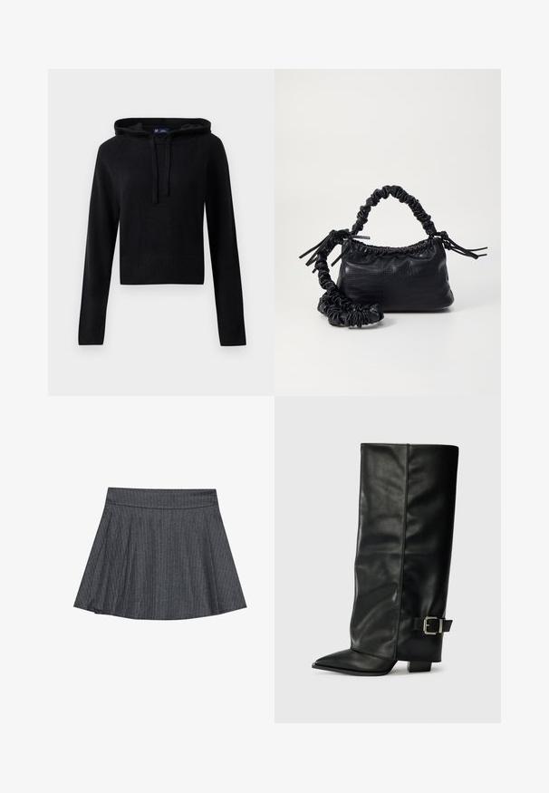 Haut en tricot noir à manches longues avec capuche, cordons de serrage, poignets et ourlet côtelés, coupe cropped, présenté sur un fond blanc.; Jupe patineuse grise à rayures générales avec une taille ajustée, en forme évasée A et texture de tissu douce. Les lignes verticales renforcent l'intérêt visuel.; Bottes noires en cuir longueur cheville avec un bout pointu, texture lisse et une accent en boucle argentée sur le côté. Talon carré épais.; Sac à main en simili cuir noir avec une texture crocodile, un dessus resserré et une sangle froncée. A l'apparence douce et compacte.; Boucles d'oreilles en métal doré avec une forme triangulaire lisse et arrondie et un design à attache de tige ; surface réfléchissante avec un minimum de détails.