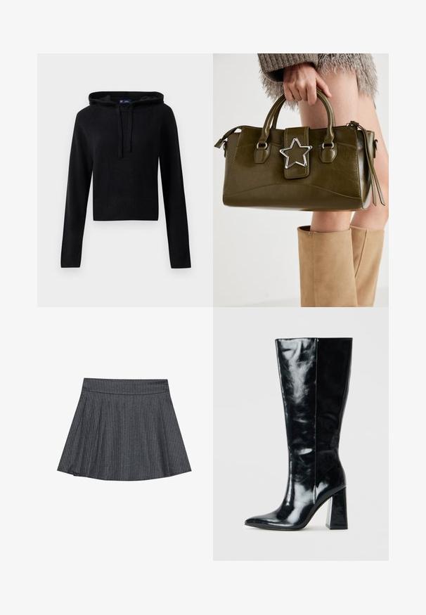 Zwarte lange mouwen gebreide hoodie met drawstrings, geribbelde manchetten en zoom, cropped fit, weergegeven op een witte achtergrond.; Grijze pinstriped skaterrok met een aansluitende tailleband, uitlopende A-lijnvorm en zachte stoftextuur. Verticale lijnen vergroten de visuele belangstelling.; Zwarte kniehoge laarzen van glanzend leer, met een puntige neus en een chunky geometrische hak met een zachte textuur.; Olijf groen neplederen handtas met zilveren steraccent, dubbele handvatten en een ritssluiting. Gelaagd oppervlak en gestructureerde vorm.; Goudkleurige metalen oorbellen met een glad, afgerond driehoekig ontwerp en een post-back sluiting; reflecterend oppervlak met minimale details.