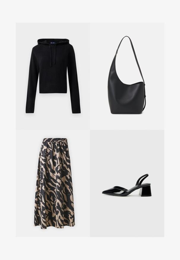 Schwarze langärmelige Strickkapuzenjacke mit Kordelzügen, gerippten Bündchen und Saum, cropped Fit, auf einem weißen Hintergrund präsentiert.; Schwarzer und beiger langer Rock mit elastischem Bund, der ein abstraktes Tiermuster und eine fließende Silhouette aufweist.; Schwarze Lackleder-Slingback-High Heels mit spitzem Schuh und einem geometrischen Blockabsatz. Verfügt über ein schlankes, minimalistisches Design und eine glatte Textur.; Schwarze Leder-Hobo-Tasche mit einer glatten Textur, geschwungener Form und einem einzelnen verstellbaren Tragegurt; verfügt über eine weite Öffnung am oberen Ende.; Ohrringe aus goldfarbenem Metall mit einem schlanken, geschwungenen Design. Sie verfügen über eine markante, spitze Form, eine polierte Oberfläche und einen Scharnierverschluss.