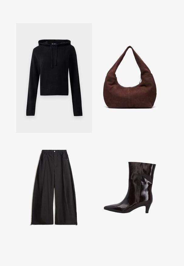 Schwarze langärmelige Strickkapuzenjacke mit Kordelzügen, gerippten Bündchen und Saum, cropped Fit, auf einem weißen Hintergrund präsentiert.; Weißes T-Shirt mit kurzen Ärmeln und Rundhalsausschnitt, flach auf einem weißen Hintergrund ausgelegt, mit einem schwarzen Etikett am Kragen.; Schwarze weite Hosen mit hoher Taille, ausgestattet mit Falten, einem Knopfverschluss vorne und zwei seitlichen Taschen. Hergestellt aus einem Stoff mit strukturiertem Finish.; Braune Leder-Ankle-Boots mit spitzer Zehenform und einem 5 cm hohen, schmalen Absatz. Glänzende Textur und nahtloses Design ohne sichtbare Beschläge oder Akzente.; Braune Wildleder-Hobo-Tasche mit einem gebogenen, breiten Griff und einer großen Öffnung. Weiche Textur mit sichtbaren abgesteppten Details entlang der Kanten.