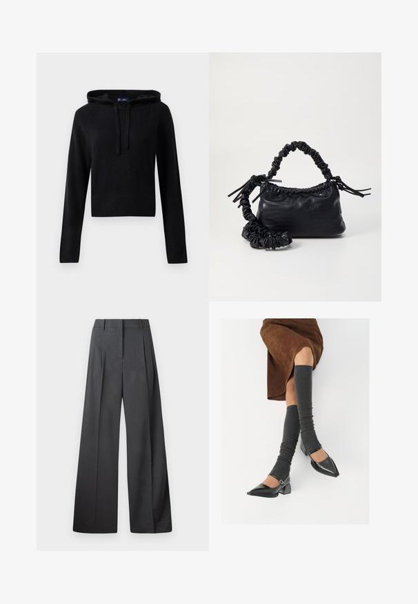 Črno dolgi rokavi pletena kapuca s vrvicami, ribanimi manšetami in robom, skrajšana silhueta, prikazana na beli podlagi.; Široke hlače iz temno sive tkanine, z visokim pasom, enim pregibom ter gladko teksturo z čisto obrobo na robovih.; Črne lakirane čevlje s pointy prsti in blok peto ter z naramnicami za gleženj, ki jih kombiniramo s sivimi rebrastimi nogavicami in rjavim suknjičem iz usnja.; Črna torbica iz umetnega usnja s krokodilovo teksturo, z zvitim vrhom in zmečkano naramico. Zdi se mehka in kompaktna v oblikovanju.