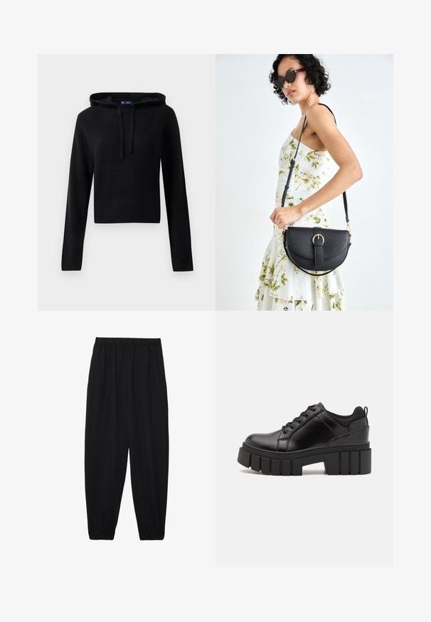 Felpa nera a maniche lunghe in maglia con cappuccio e lacci, polsini e orlo a costine, vestibilità corta, mostrata su uno sfondo bianco.; Pantaloni neri leggeri con vita elastica e caviglie arricciate. Il tessuto è liscio e presenta un design rilassato e affusolato.; Scarpe platform in pelle nera con tacco a blocco robusto, punta rotonda e design tradizionale con lacci. Presentano una superficie liscia e dettagli minimi.; Borsa a tracolla nera in pelle con una forma curva, manico rimovibile e accessori dorati. La borsa presenta una patta con un dettaglio a fibbia.