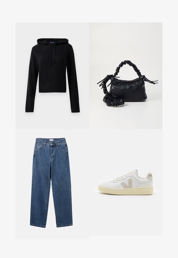 Black long-sleeve knit hoodie with drawstrings, ribbed cuffs, and hem, cropped fit, displayed on a white background.; Classic blue denim jeans with a straight-leg design, five pockets, and a button closure. Features a medium wash and sturdy texture.; White leather sneaker with beige suede accents, perforated toe box, flat laces, and a textured cream sole. Features subtle branding on heel.; Black faux leather handbag with a crocodile texture, cinched top, and a scrunched strap. Appears soft and compact in design.