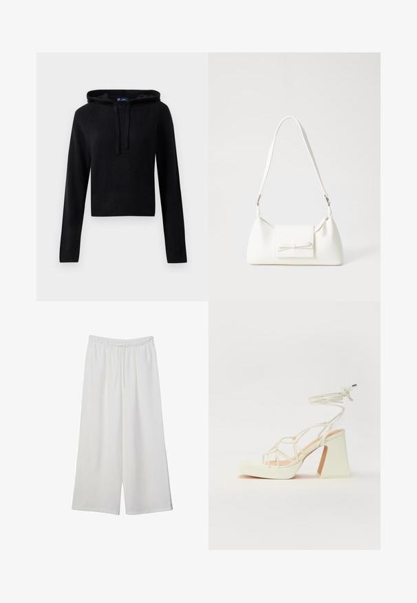 Czarna, długa rękawowa dzianinowa bluza z kapturem, z sznureczkami, prążkowanymi mankietami i dołem, krótki krój, eksponowana na białym tle.; Białe szerokie spodnie wykonane z lekkiego materiału, z elastyczną talią i sznurkiem do regulacji fasonu. Gładka tekstura.; Biała sandał na wysokim obcasie z masywnym słupkiem, z paskowym wzorem i wiązaniem przy kostce. Gładka faktura z platformą z przodu dla dodatkowej wysokości.; Biała syntetyczna torba o trójkątnym kształcie, płaskim przednim klapce i detalach w postaci kokardy, regulowanym pasku, gładkiej fakturze oraz minimalistycznym designie.