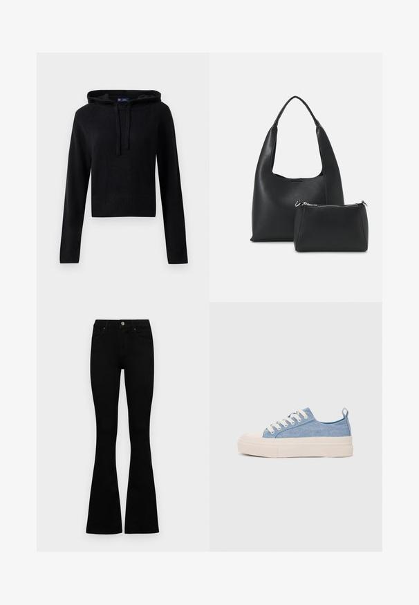 Zwarte lange mouwen gebreide hoodie met drawstrings, geribbelde manchetten en zoom, cropped fit, weergegeven op een witte achtergrond.; Zwarte hoge taille jeans met een knoop- en ritssluiting, voorzakken en een flared pijp, plat gelegd op een witte achtergrond.; Lichtblauwe canvas sneakers met een crème rubberen neuskap en zool, voorzien van witte veters en een trekstrip op de hiel.; Even&Odd Handtas - black