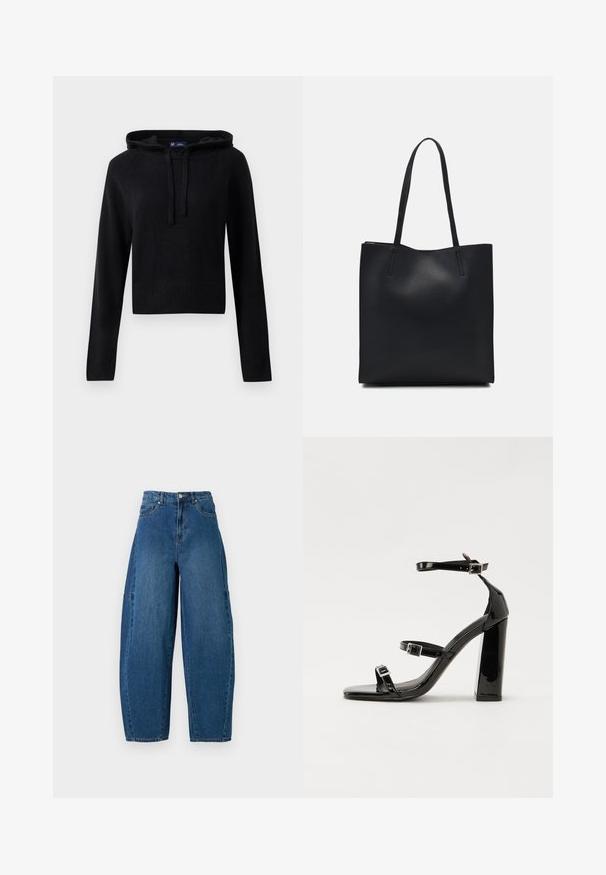 Black long-sleeve knit hoodie with drawstrings, ribbed cuffs, and hem, cropped fit, displayed on a white background.; Denim jeans in a medium blue wash, featuring a high waist, wide leg cut, and standard five-pocket design with visible stitching details.; Black patent heeled sandals with a square toe, ankle straps, and silver buckles. Features a chunky block heel for stability.; Black leather tote bag with smooth texture, rectangular shape, and two long handles. No visible hardware or embellishments.