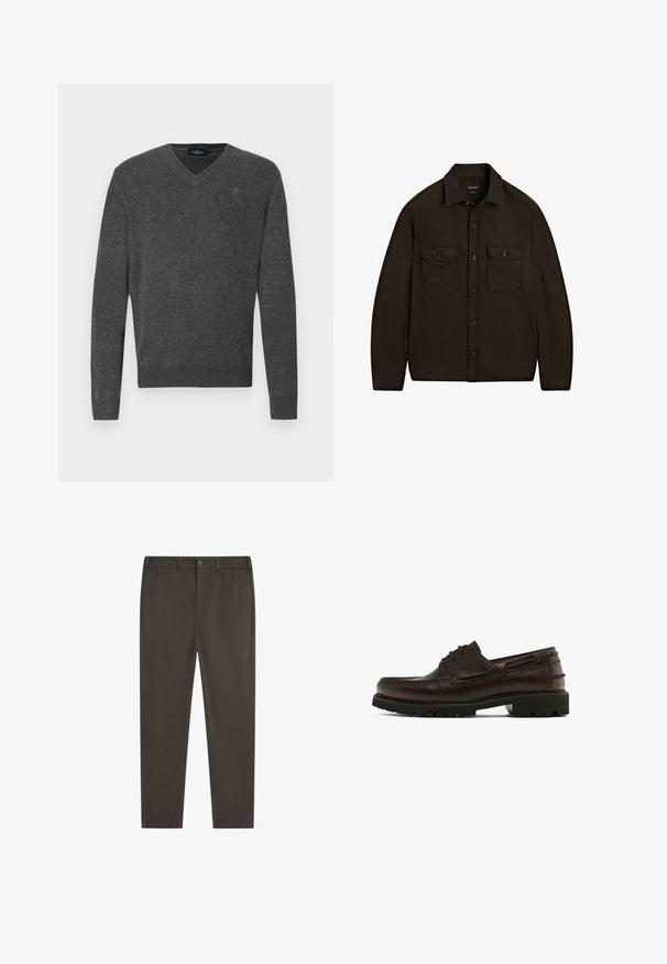 Grijze v-hals trui gemaakt van zacht materiaal. Heeft ribgebreide manchetten en zoom, met een klein geborduurd logo op de borst. Eenvoudig ontwerp, klassieke pasvorm.; Donkerbruine button-up jas met twee voorste flapzakken met knopen en een klassieke kraag.; Donkerbruine broek met recht model, elastische tailleband, knoopsluiting aan de voorkant en steekzakken aan de zijkant. Soepele stoftextuur.; Bruine leren schoen met een ronde neus, vetersluiting, robuuste outsole en decoratieve stiksel. Bevat metalen oogjes aan de zijkanten.