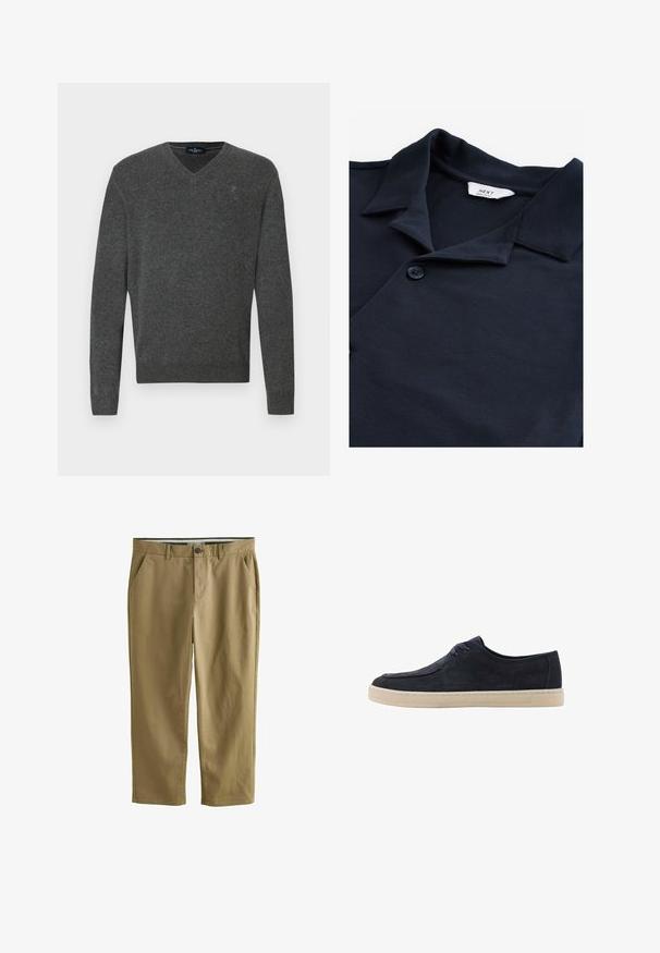 Suéter gris de cuello en V hecho de tela suave. Presenta puños y dobladillo acanalados, con un pequeño logo bordado en el pecho. Diseño simple, ajuste clásico.; Camisa polo azul marino hecha de tela texturizada, con un pliegue abotonado, cuello corto y una pequeña etiqueta de la marca cerca del escote.; Chinos caqui fabricados en mezcla de algodón, con dos bolsillos laterales, cierre de botón, piernas rectas y una textura suave.; Zapato de ante azul marino con punta redonda, dos ojetes para los cordones y una suela de goma crema. Textura suave y diseño minimalista.