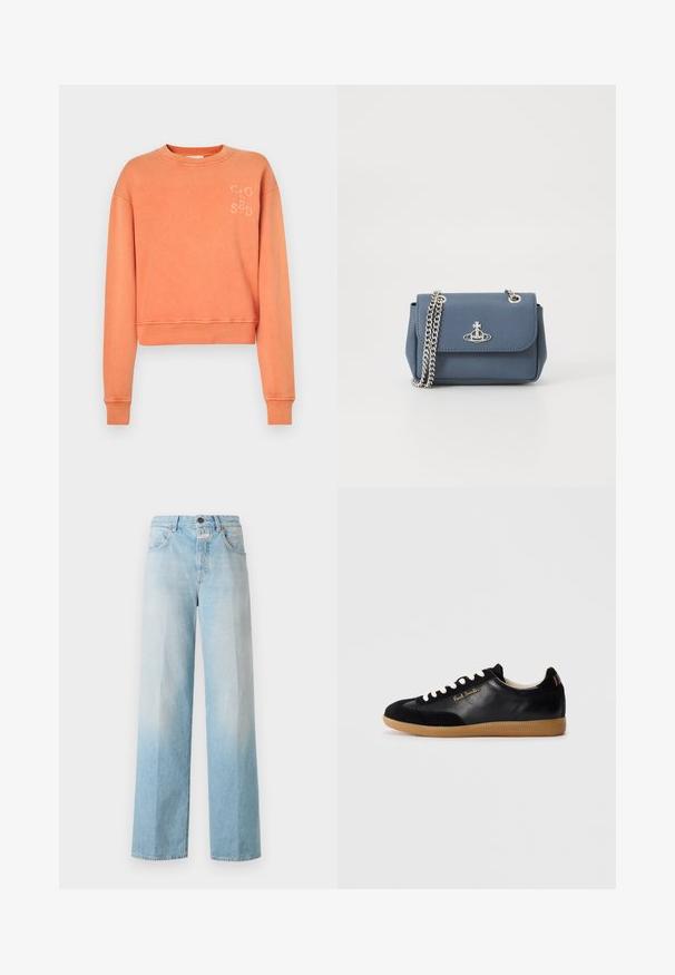 CLOSED Melegítőfelső - pumpkin orange; Világoskék farmer széles szárú nadrág, elhalványodó gradienttel, klasszikus öt zsebes kialakítással és fémből készült gombzárral.; Fekete, alacsony szárú bőr tornacipő fehér fűzőkkel, gumi talppal, az oldalon arany "Paul Smith" logóval, és színes csíkos részlettel a saroktabon.; Kék textúrájú műbőr táska ezüst lánccal és logó részlettel az elején. Csattos záródással és hajtókás dizájnnal.
