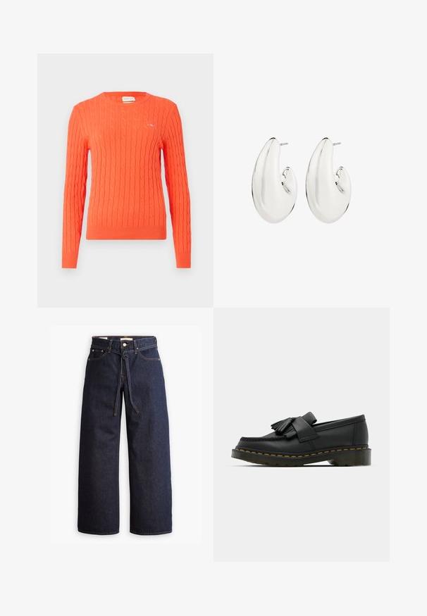 Pull en tricot orange avec un motif en relief, col rond et poignets côtelés. Présente un petit logo sur la poitrine.; Jeans en denim bleu foncé à jambes larges, avec une taille haute, dotés d'un lien à cordon, de cinq poches et de détails de couture contrastants.; Mocassins en cuir noir avec un bout rond, présentant un détail à franges et une bande décorative à l'avant, montés sur un talon épais.; Boucles d'oreilles en ton argent avec un design allongé et ondulé. Surface lisse et réfléchissante avec un fermoir à tige percée.